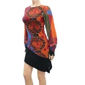 RARE Save The Queen Multicolor Vibrant Abstract Mesh Long Sleeve Dress M/L